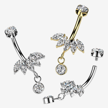 Detail View 1 of Implant Grade Titanium Marquise Floral Sparkle Dangle Internally Threaded Belly Button Ring-Clear Gem